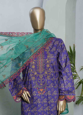 Bin Saeed Fabric - LRGE-0017- 3 Piece Block Print  Embroidered Suit