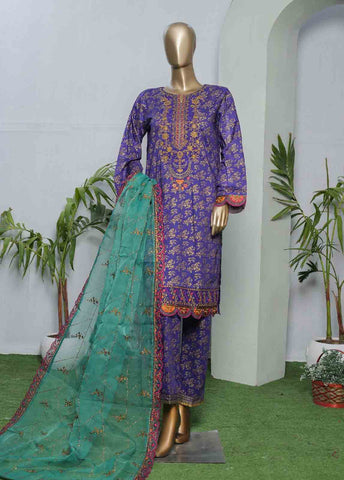 Bin Saeed Fabric - LRGE-0017- 3 Piece Block Print  Embroidered Suit