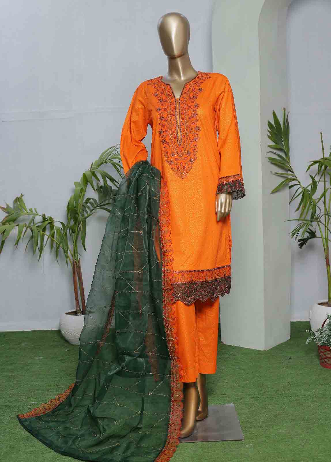 Bin Saeed Fabric - LRGE-0019- 3 Piece Block Print  Embroidered Suit