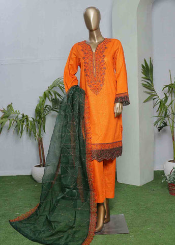 Bin Saeed Fabric - LRGE-0019- 3 Piece Block Print  Embroidered Suit