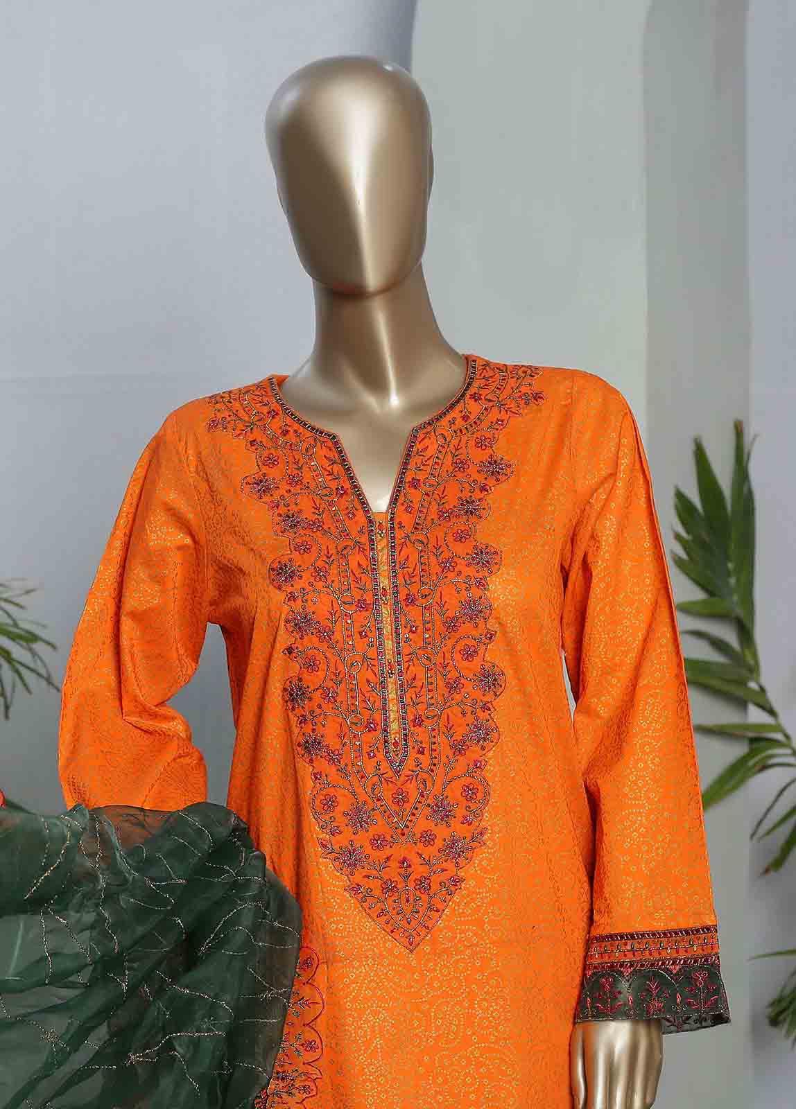 Bin Saeed Fabric - LRGE-0019- 3 Piece Block Print  Embroidered Suit