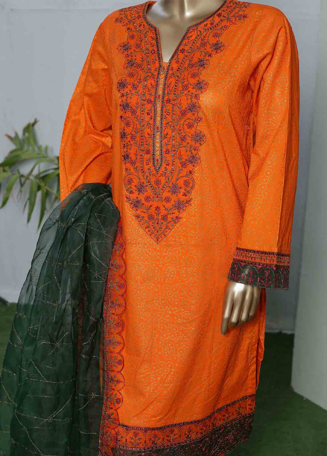 Bin Saeed Fabric - LRGE-0019- 3 Piece Block Print  Embroidered Suit