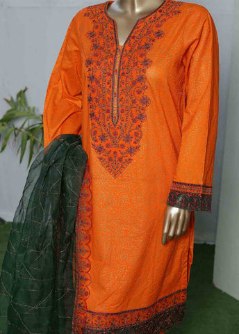 Bin Saeed Fabric - LRGE-0019- 3 Piece Block Print  Embroidered Suit