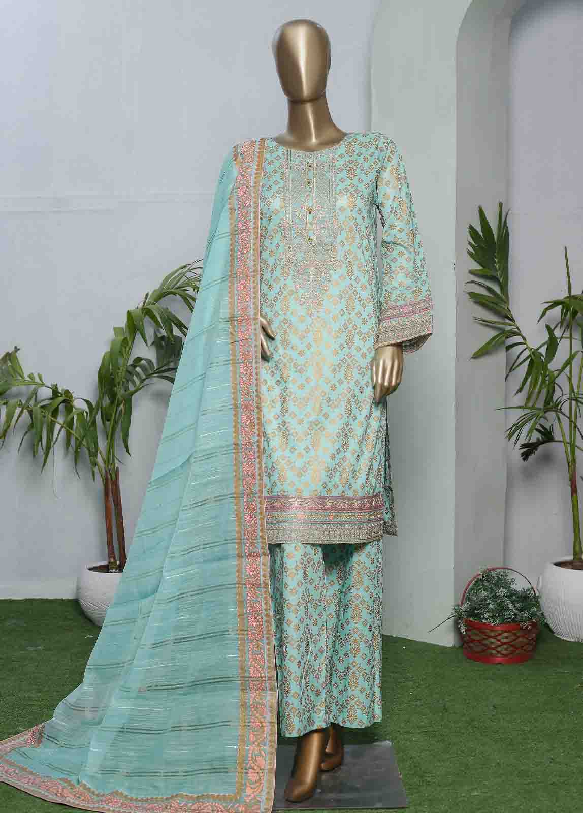 Bin Saeed Fabric - LRGE-0022- 3 Piece Block Print  Embroidered Suit