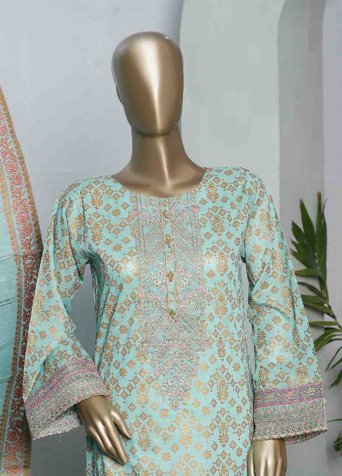 Bin Saeed Fabric - LRGE-0022- 3 Piece Block Print  Embroidered Suit