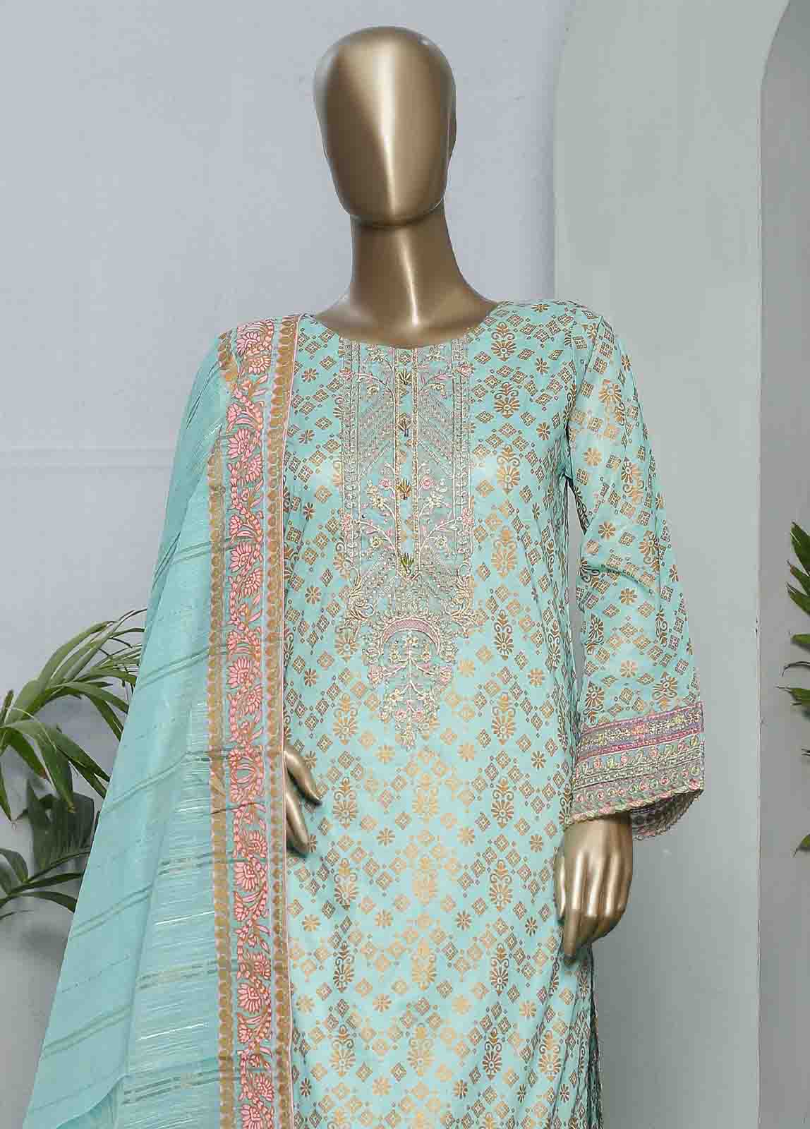 Bin Saeed Fabric - LRGE-0022- 3 Piece Block Print  Embroidered Suit