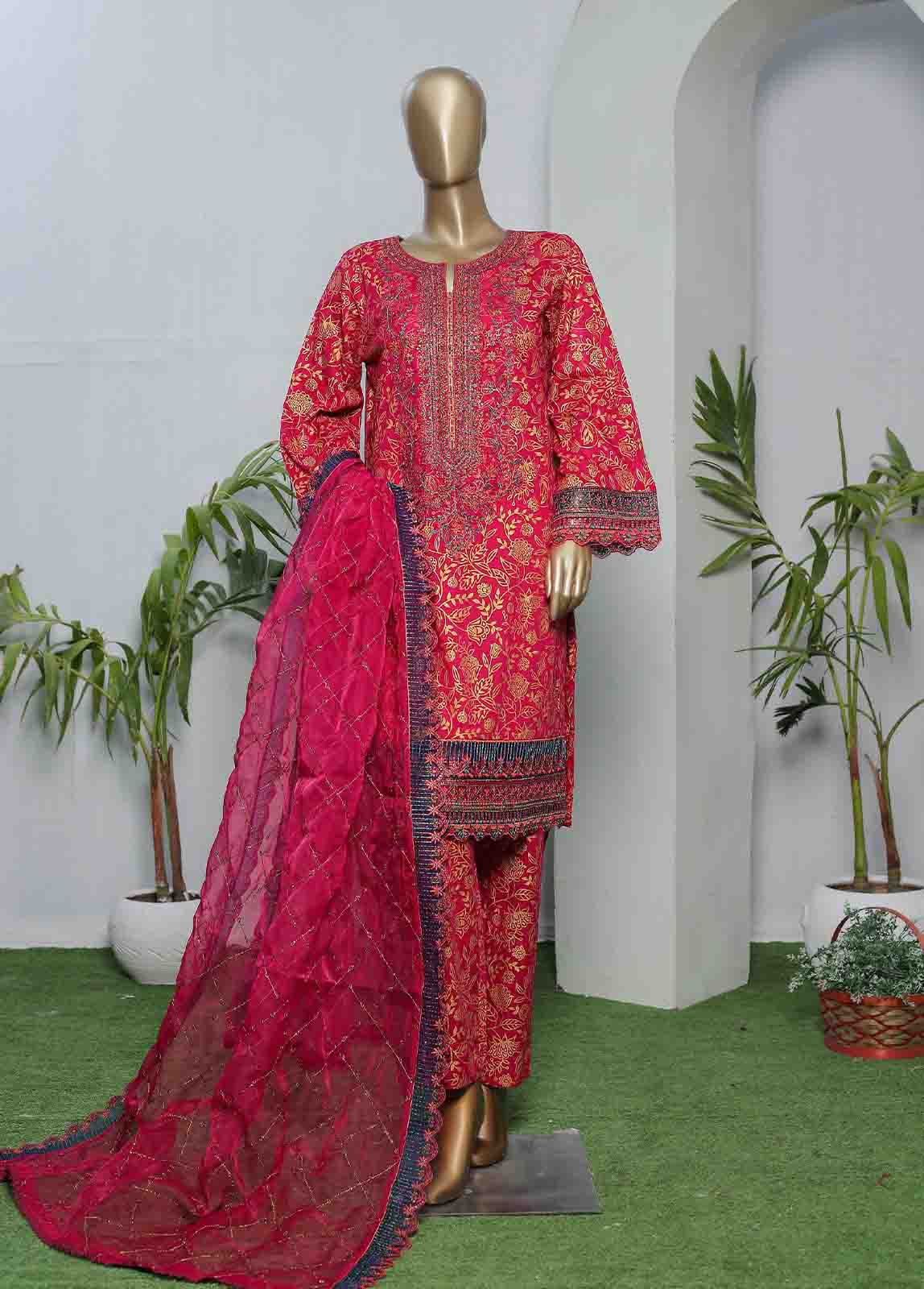Bin Saeed Fabric - LRGE-0023- 3 Piece Block Printed Embroidered Suit