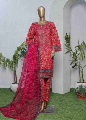 Bin Saeed Fabric - LRGE-0023- 3 Piece Block Printed Embroidered Suit