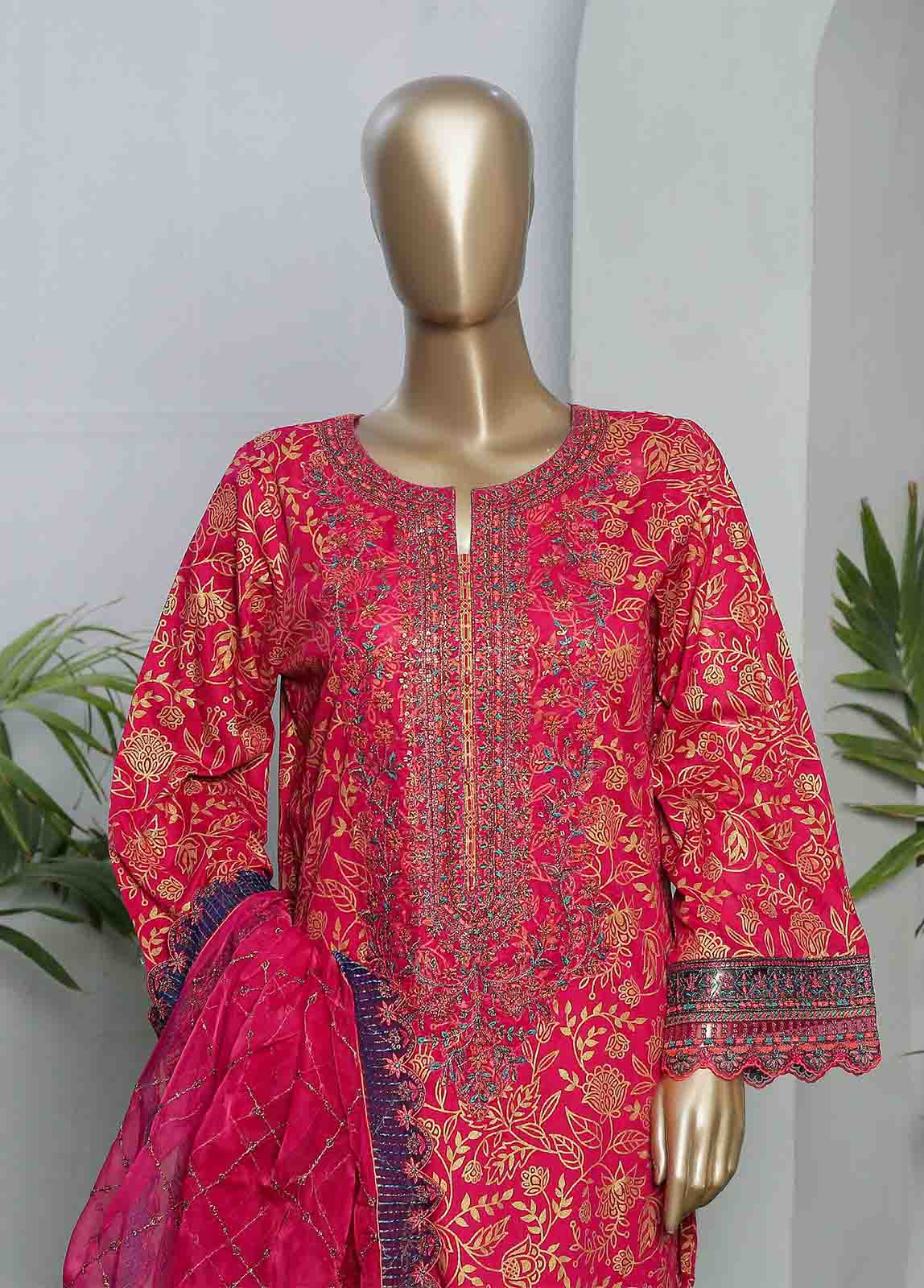 Bin Saeed Fabric - LRGE-0023- 3 Piece Block Printed Embroidered Suit