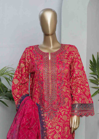 Bin Saeed Fabric - LRGE-0023- 3 Piece Block Printed Embroidered Suit