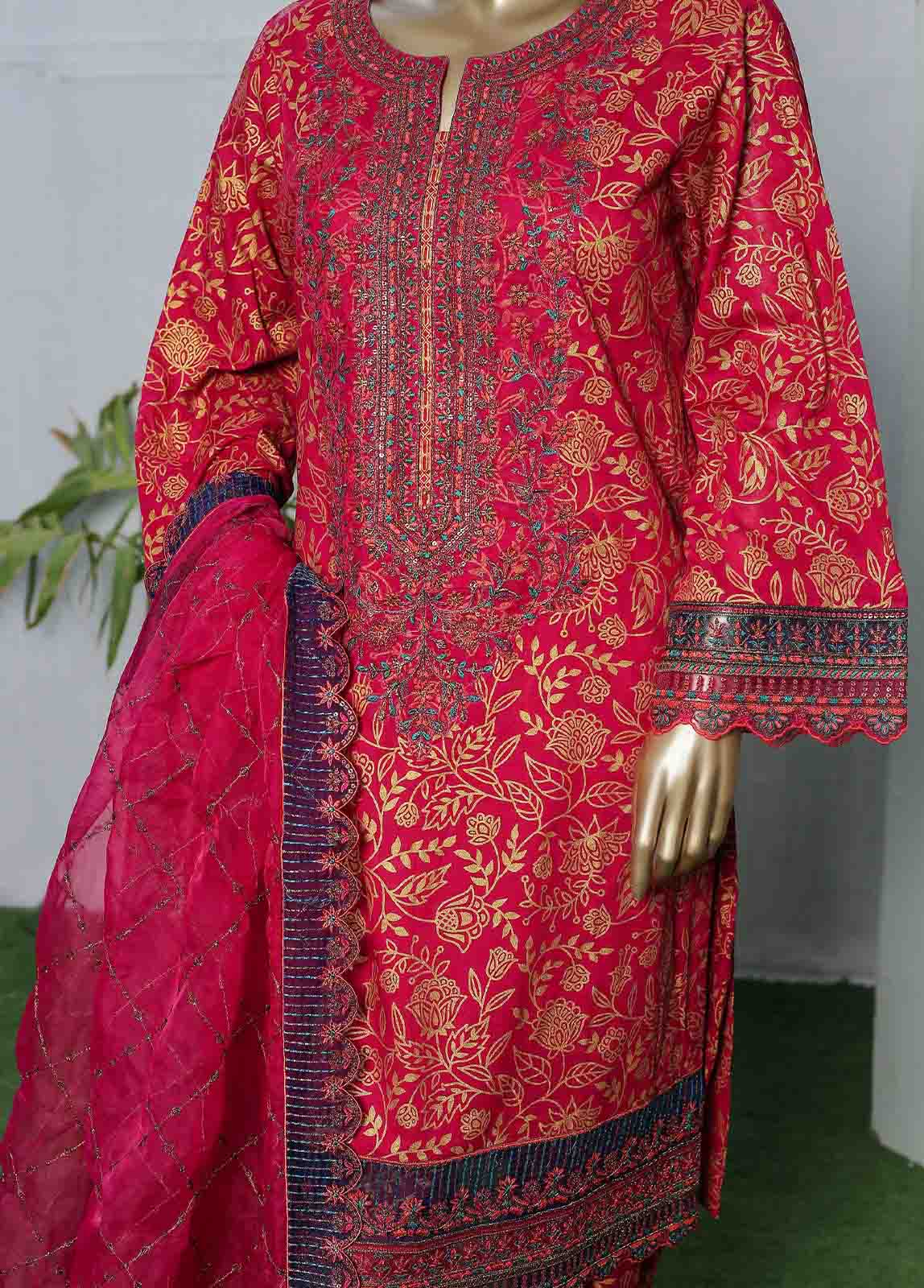 Bin Saeed Fabric - LRGE-0023- 3 Piece Block Printed Embroidered Suit