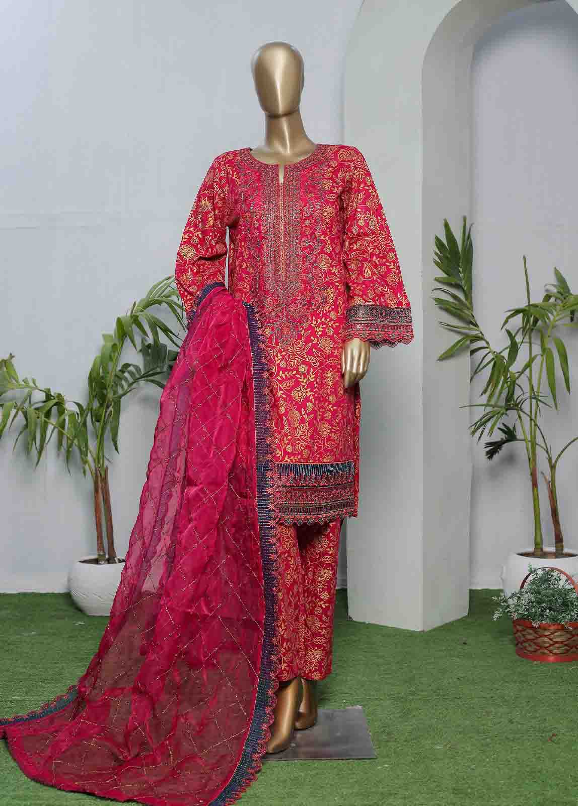 LRGE-0023- 3 Piece Block Printed Embroidered Suit