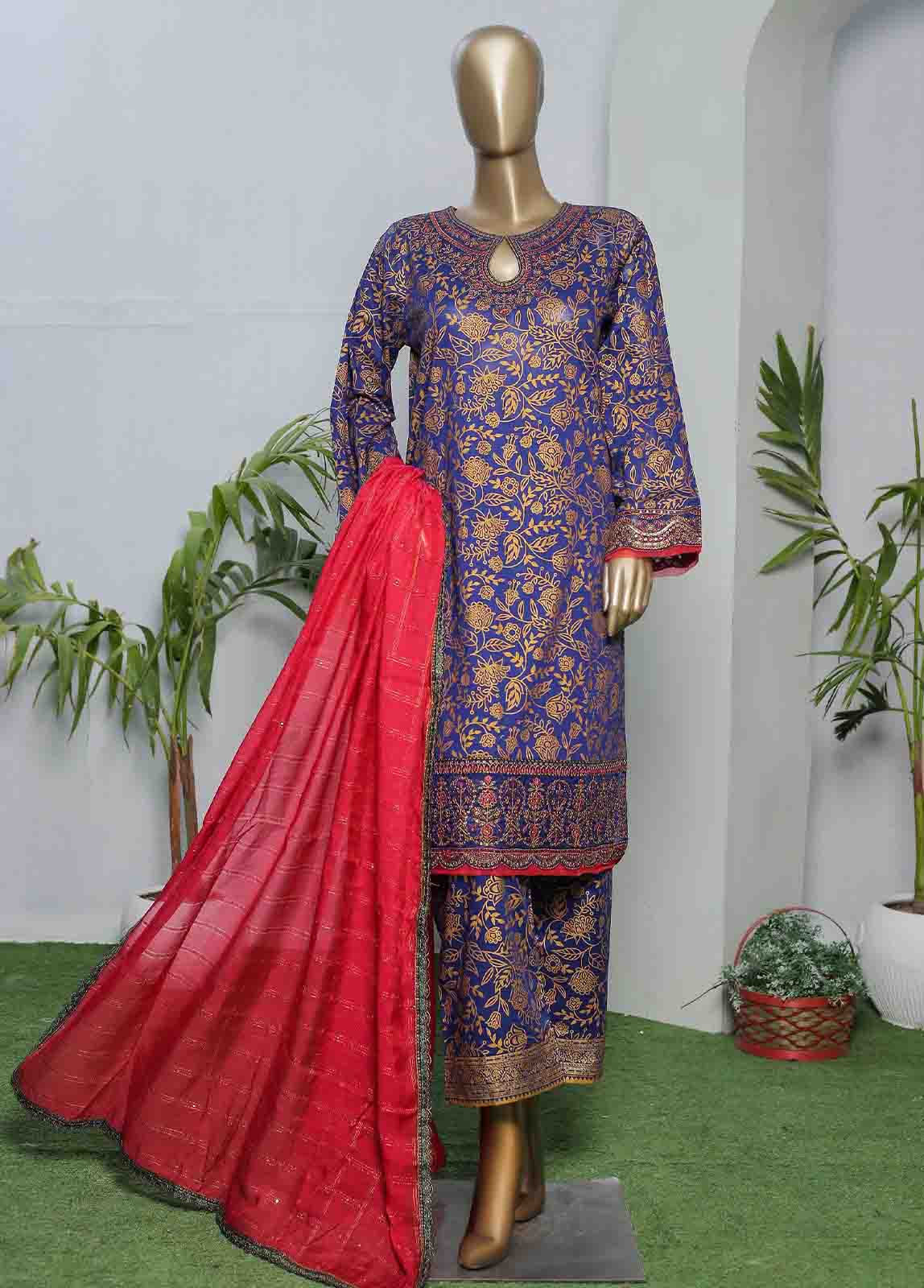 Bin Saeed Fabric - LRGE-0031- 3 Piece Block Print  Embroidered Suit