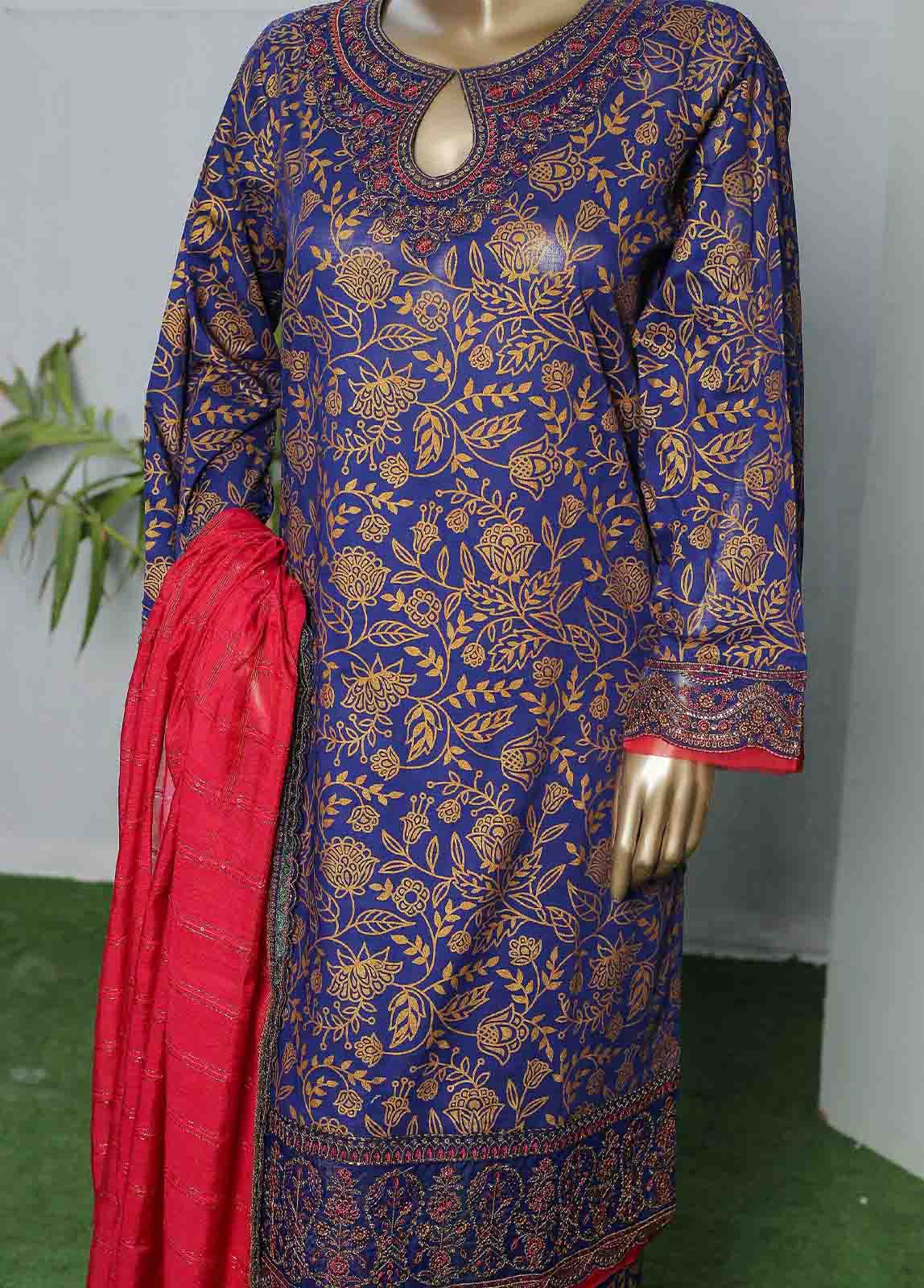 Bin Saeed Fabric - LRGE-0031- 3 Piece Block Print  Embroidered Suit