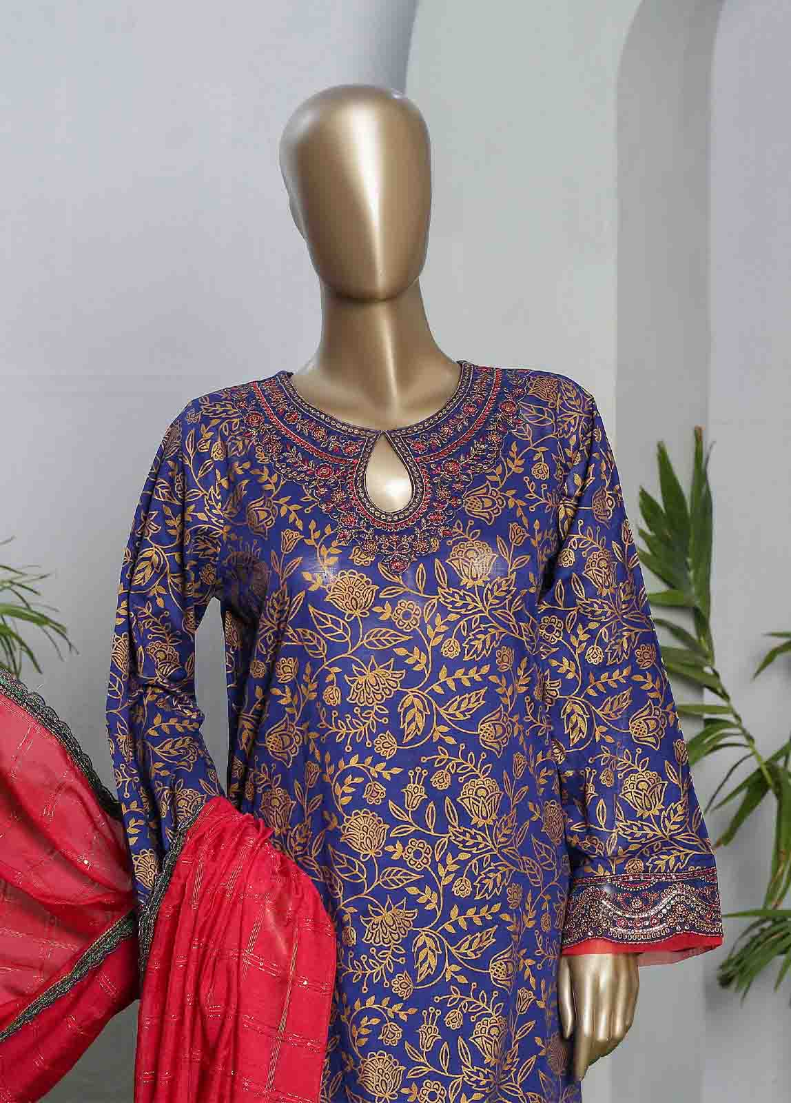 Bin Saeed Fabric - LRGE-0031- 3 Piece Block Print  Embroidered Suit