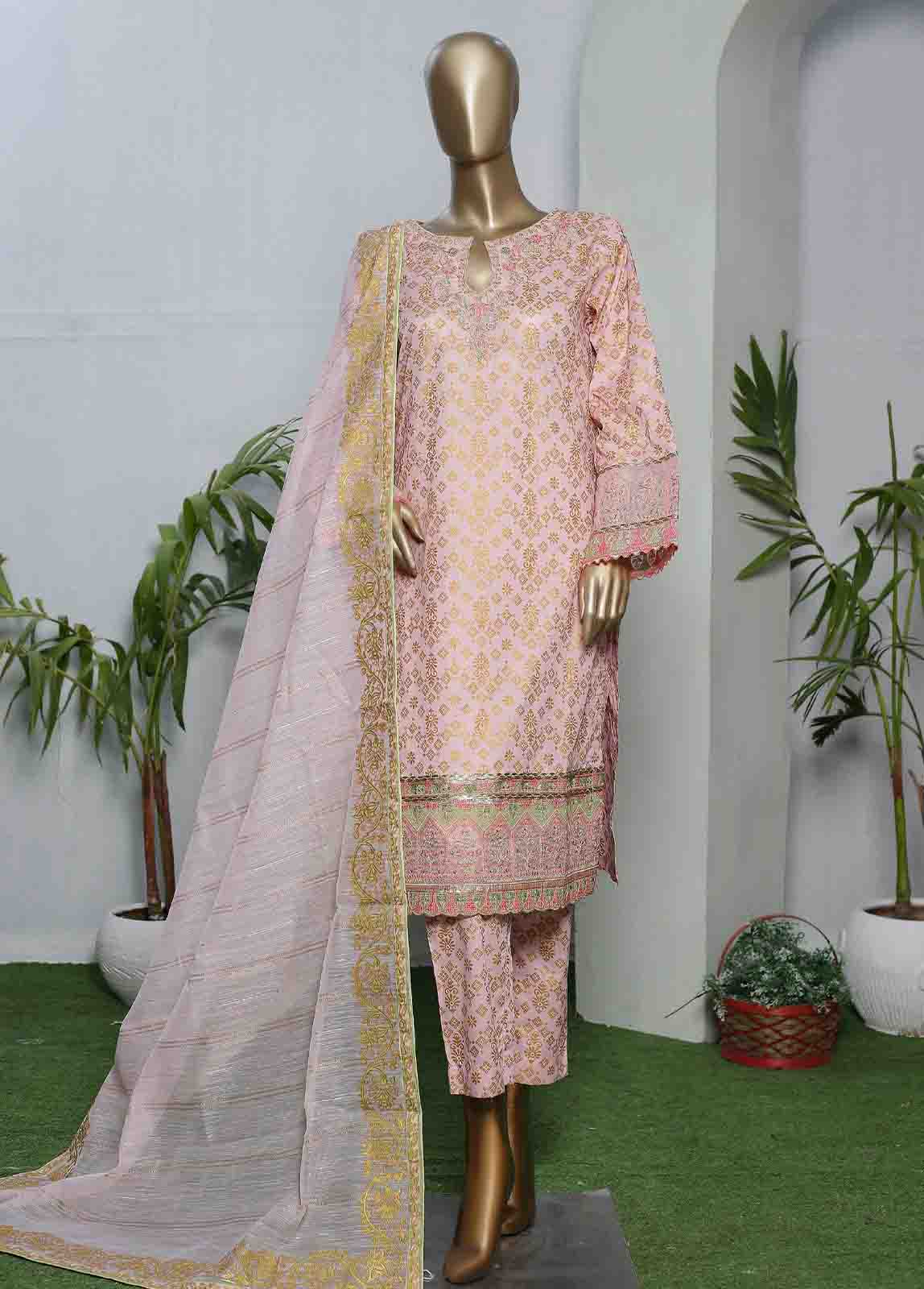 Bin Saeed Fabric - LRGE-0033- 3 Piece Block Print Embroidered Suit