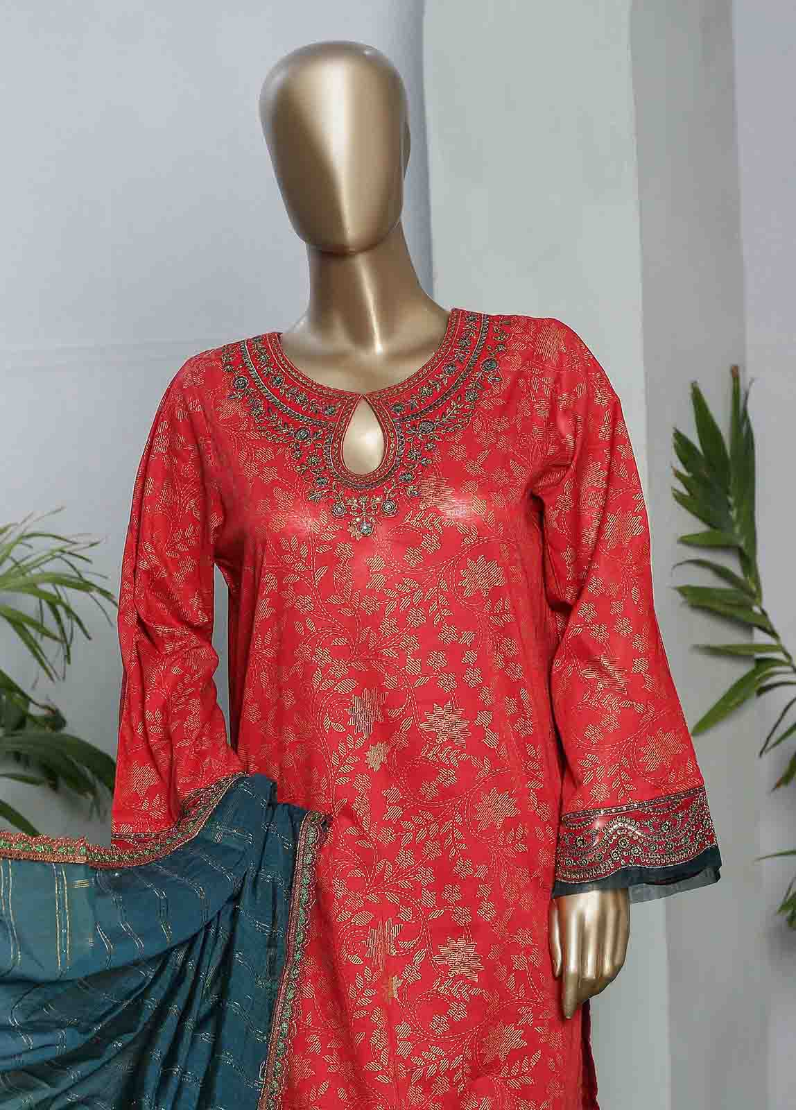 LRGE-0038- 3 Piece Block Print Embroidered Suit