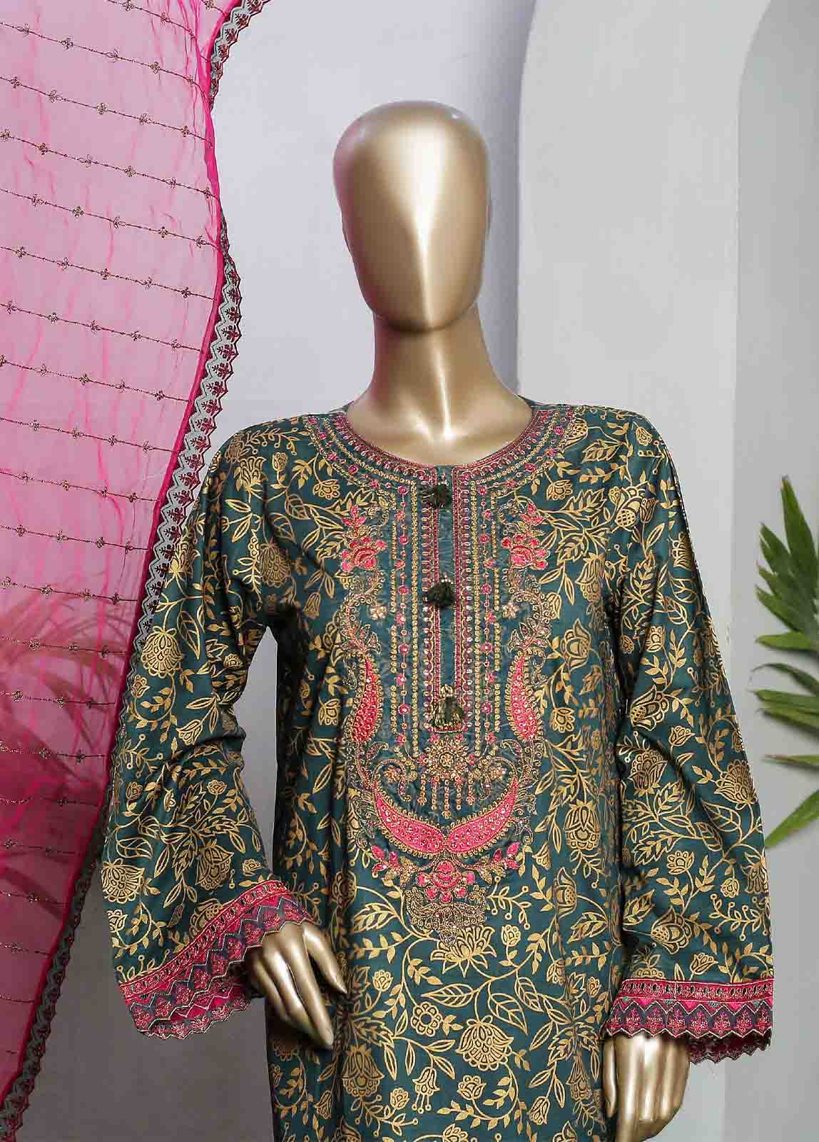 LRGE-0040- 3 Piece Block Print  Embroidered Suit