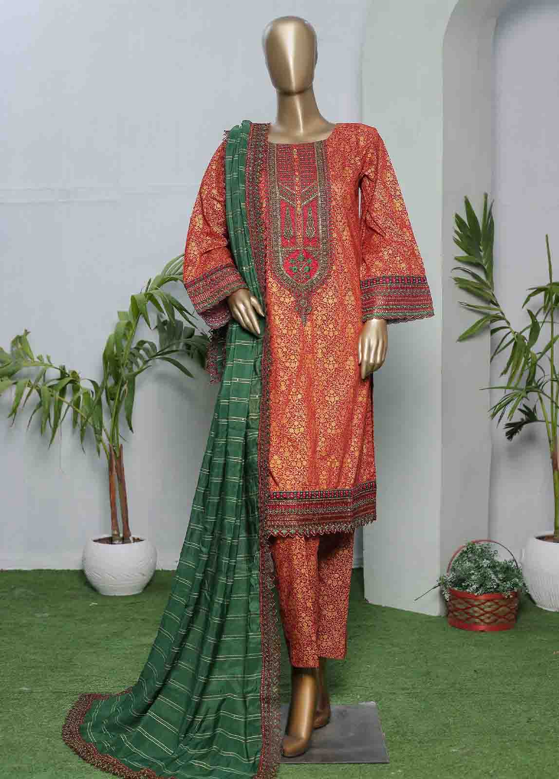 LRGE-0043- 3 Piece Block Print  Embroidered Suit