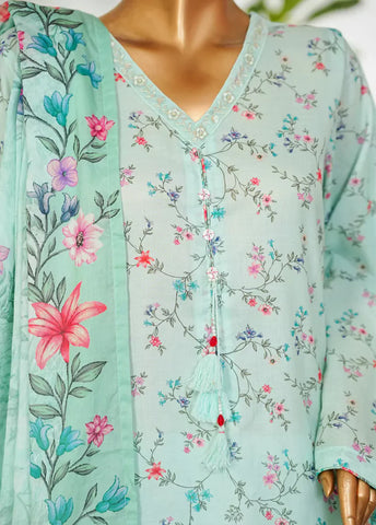 3 Piece Printed Turquoise Color Lawn Shirt with Trouser & Dupatta