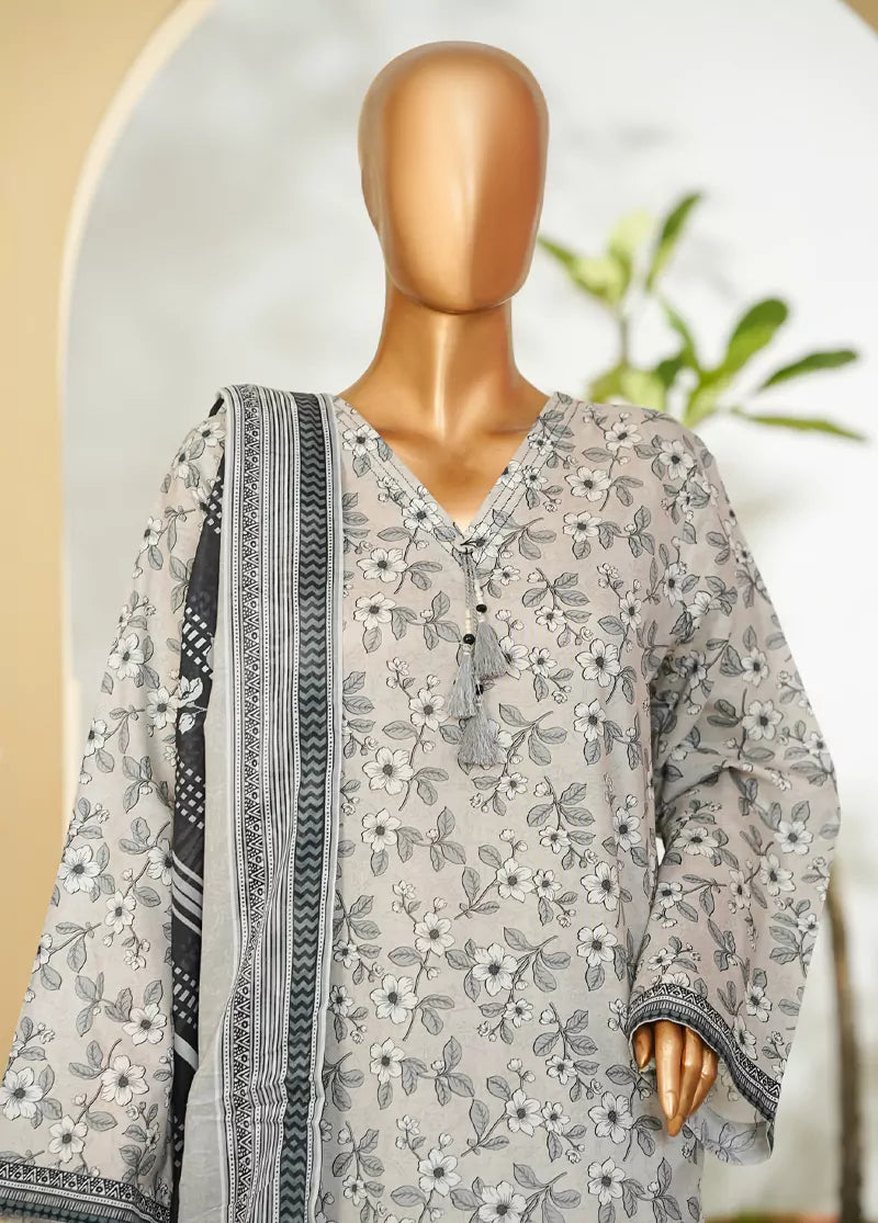 3 Piece Printed Grey Color Lawn Shirt with Trouser & Dupatta