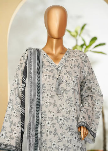3 Piece Printed Grey Color Lawn Shirt with Trouser & Dupatta
