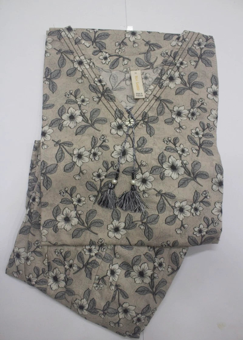2 Piece Printed Stitched Beige Color Lawn Shirt and Farshi Shalwar