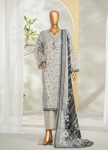 3 Piece Printed Grey Color Lawn Shirt with Trouser & Dupatta