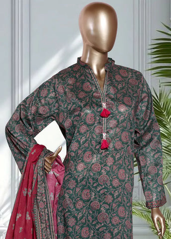 3 Piece Printed Bottle Green & Pink Color Lawn Shirt with Trouser & Dupatta