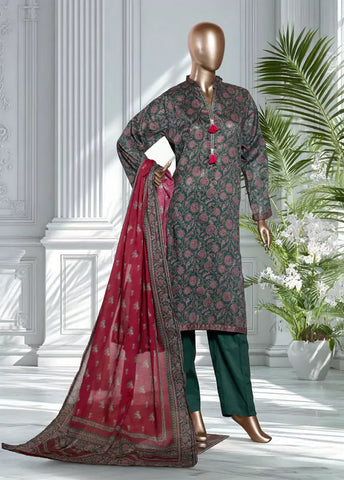 3 Piece Printed Bottle Green & Pink Color Lawn Shirt with Trouser & Dupatta