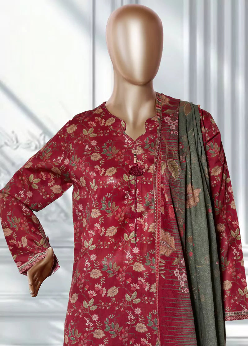 3 Piece Printed Red Color Lawn Shirt with Trouser & Dupatta