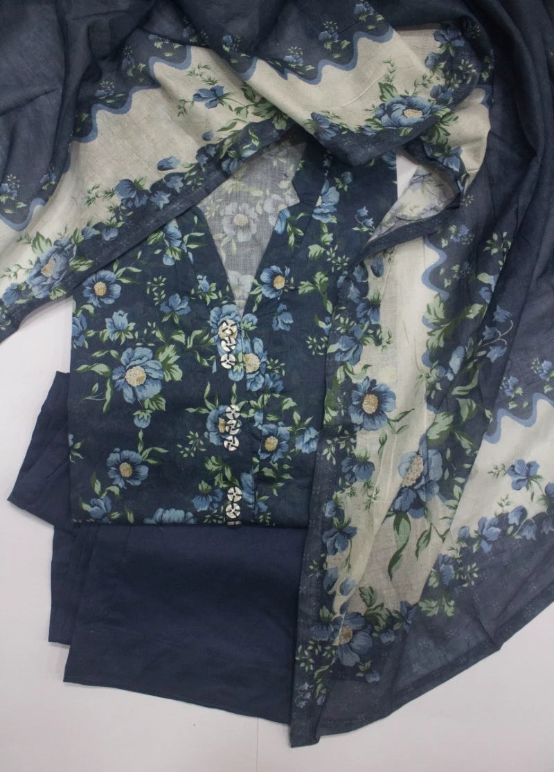 3 Piece Printed Stitched Navy Blue Color Lawn Shirt with Trouser & Dupatta