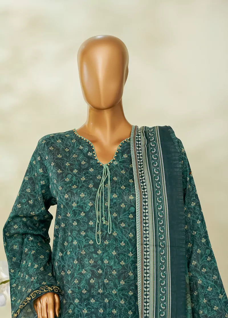 3 Piece Printed Bottle Green Color Lawn Shirt with Trouser & Dupatta