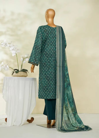 3 Piece Printed Bottle Green Color Lawn Shirt with Trouser & Dupatta