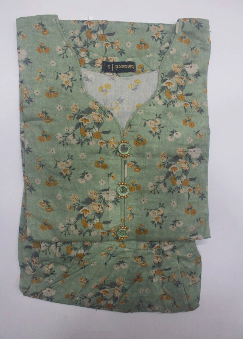 2 Piece Printed Stitched Mint Green Color Lawn Shirt and Farshi Shalwar