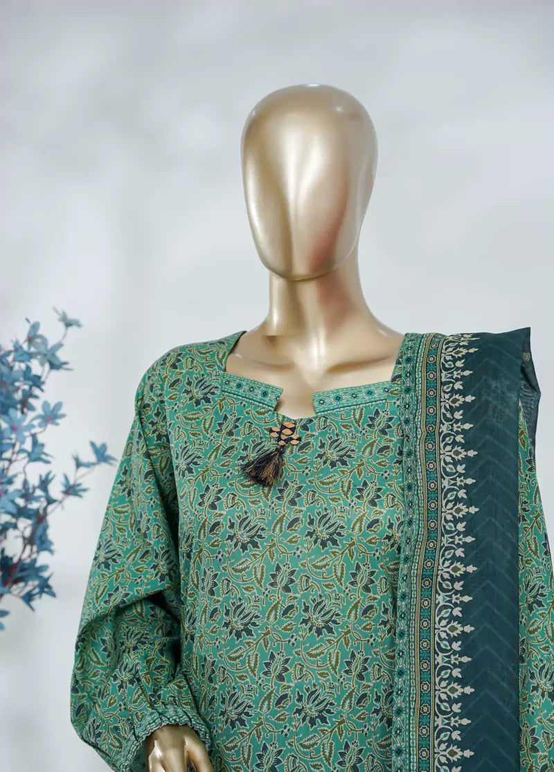 3 Piece Printed Turquoise Color Lawn Shirt with Trouser & Dupatta