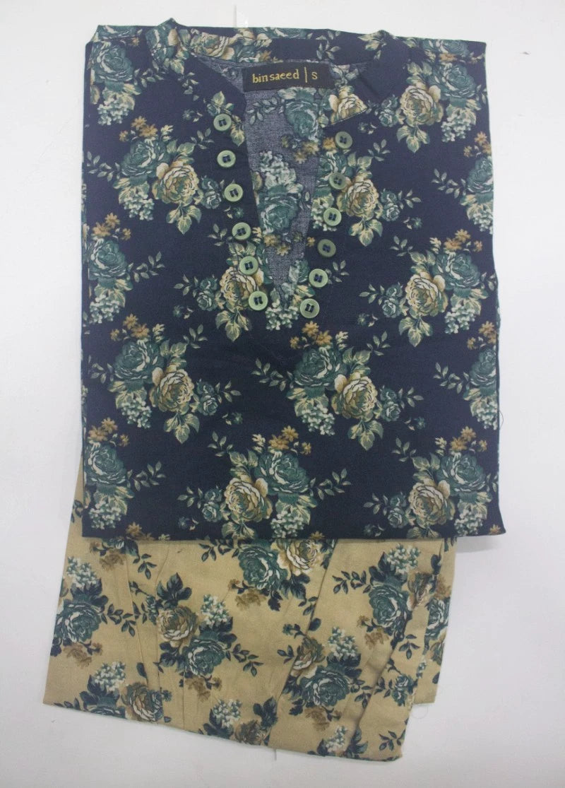 2 Piece Printed Stitched Navy Blue Color Lawn Shirt and Farshi Shalwar