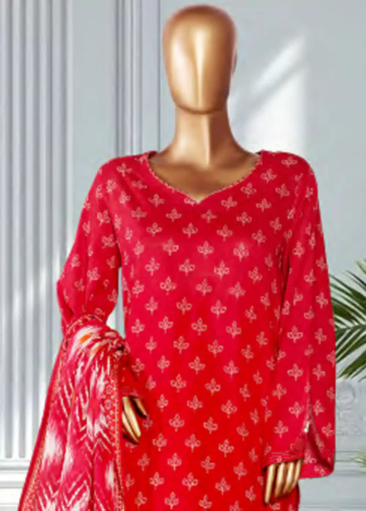 3 Piece Printed Scarlet Red Color Lawn Shirt with Trouser & Dupatta