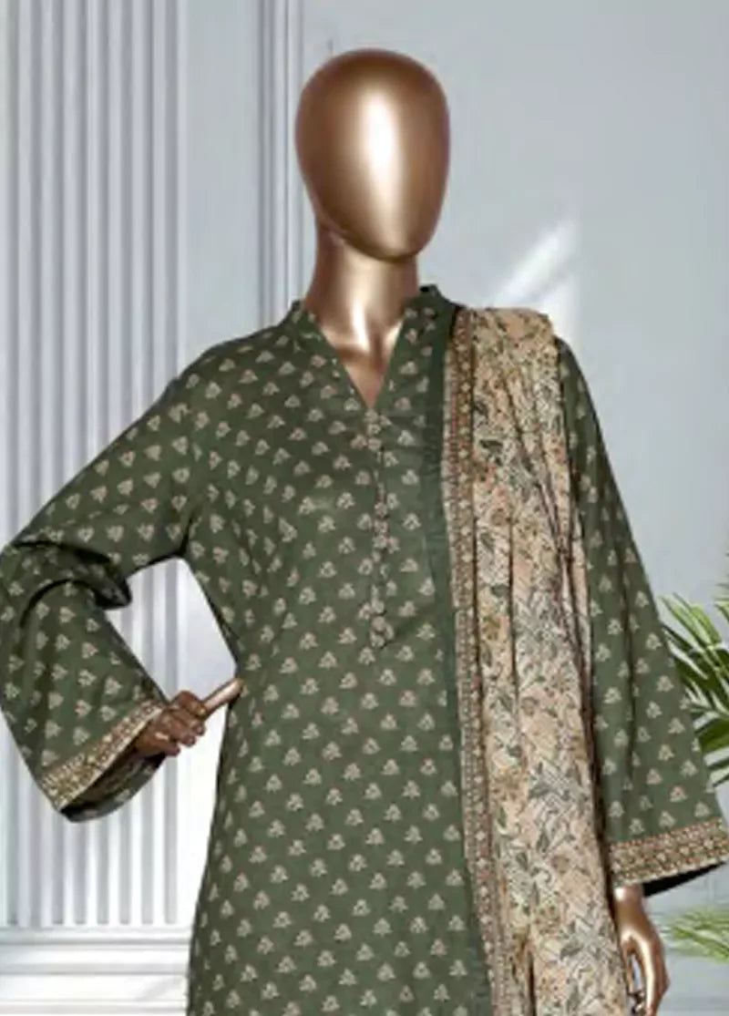 3 Piece Printed Bottle Green Color Lawn Shirt with Trouser & Dupatta