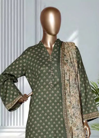 3 Piece Printed Bottle Green Color Lawn Shirt with Trouser & Dupatta