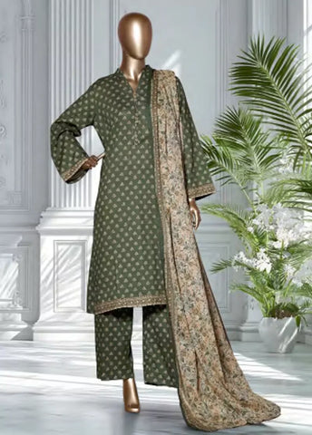 3 Piece Printed Bottle Green Color Lawn Shirt with Trouser & Dupatta