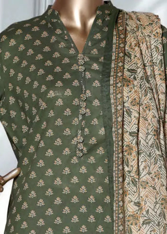 3 Piece Printed Bottle Green Color Lawn Shirt with Trouser & Dupatta