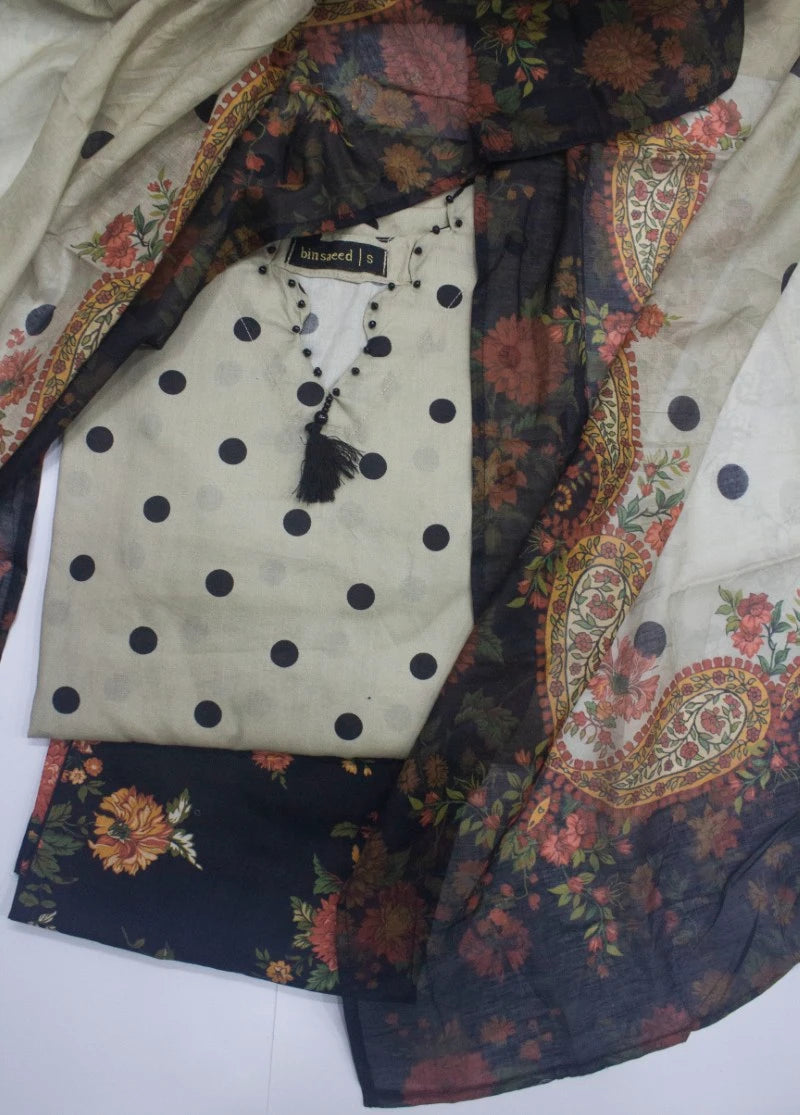 3 Piece Printed Stitched Beige & Black Color Lawn Shirt with Trouser & Dupatta