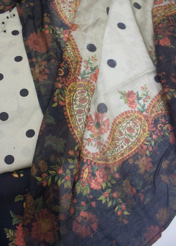 3 Piece Printed Stitched Beige & Black Color Lawn Shirt with Trouser & Dupatta