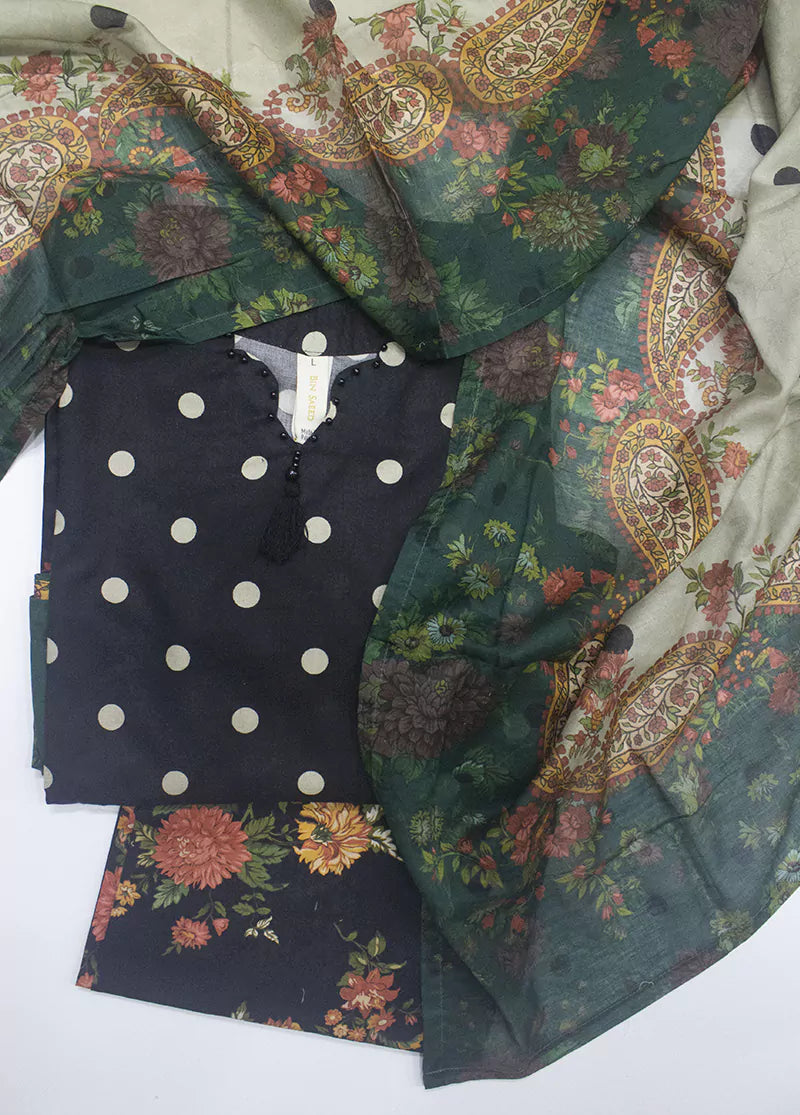 3 Piece Printed Black Color Lawn Shirt with Trouser & Dupatta