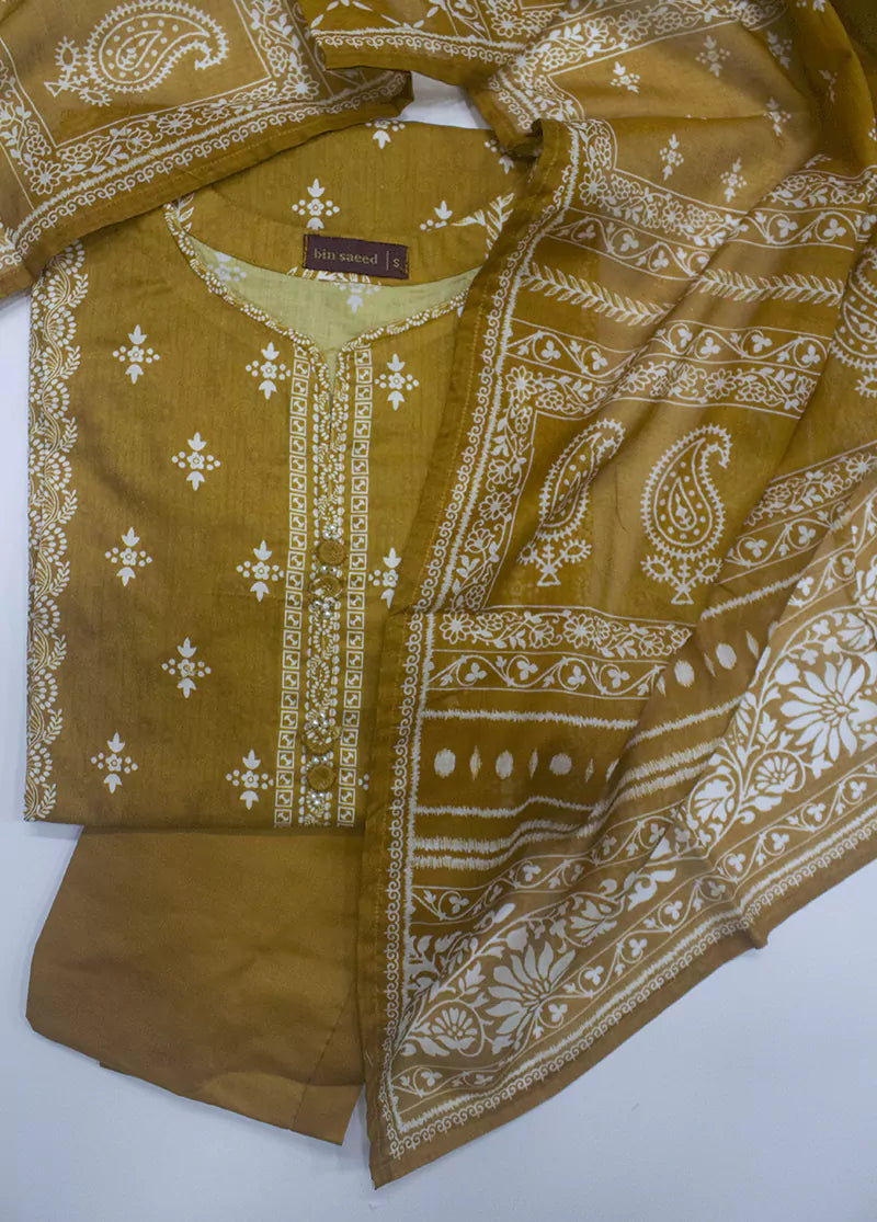 3 Piece Printed Mustard Color Lawn Shirt with Trouser & Dupatta
