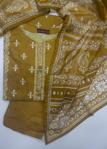 3 Piece Printed Mustard Color Lawn Shirt with Trouser & Dupatta