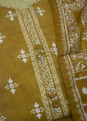 3 Piece Printed Mustard Color Lawn Shirt with Trouser & Dupatta