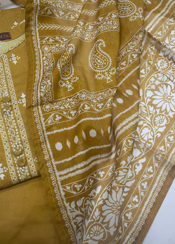 3 Piece Printed Mustard Color Lawn Shirt with Trouser & Dupatta