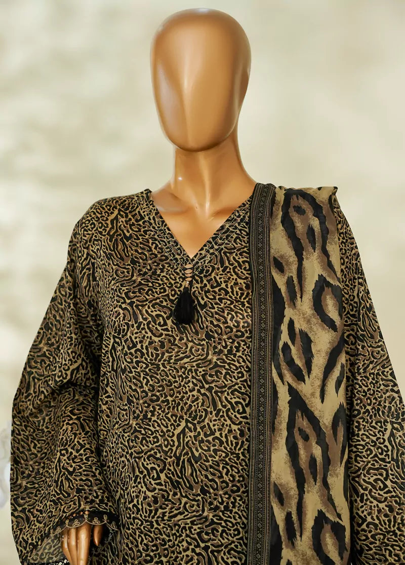 3 Piece Printed Black & Brown Color Lawn Shirt with Trouser & Dupatta